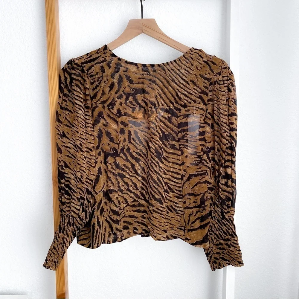 Gianni Tiger Print Bishop Sleeve Top Tie Back Animal Print Brown Orange NEW